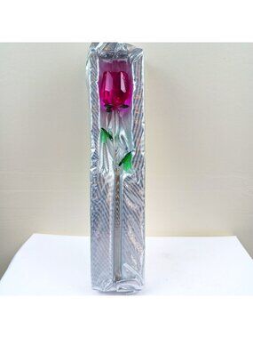 Decorative Glass Rose In Original Box - Pink Stem And Green Leaves - 8 Inches Lo
